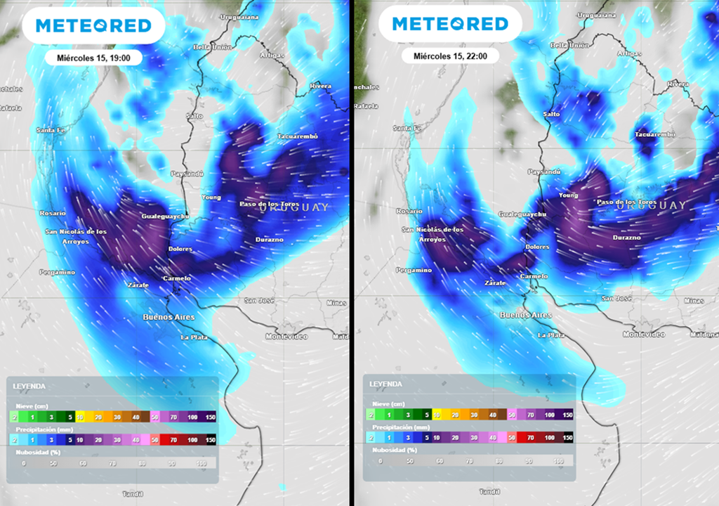 A la izquierda, precipitaciones y nubosidad asociada en torno a las 19 HOA, y a la derecha lo mismo pero para las 22 HOA del miércoles 15. Modelo ECMWF