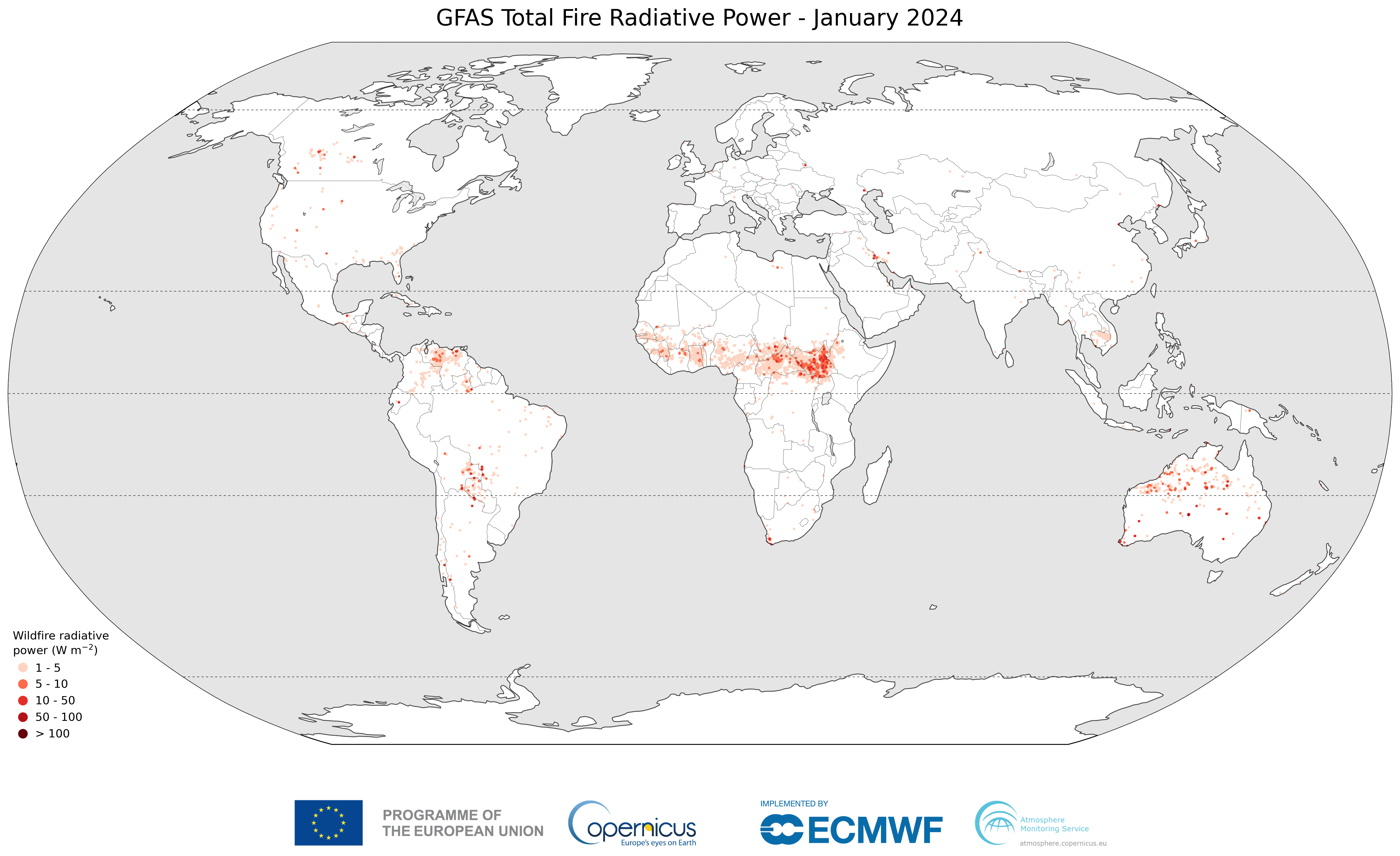 Datos mensuales de localización y poder radiativo del fuego de los incendios entre enero y noviembre de 2024 elaborados por el Sistema Mundial de Asimilación de Datos sobre Incendios (GFAS) del CAMS, en base a las observaciones por satélite MODIS. Fuente: CAMS/CEPMPM