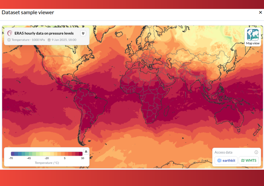 Temperatura em 9 de janeiro de 2025 a partir dos dados da renálise ERA5. Créditos: Copernicus/ECMWF.