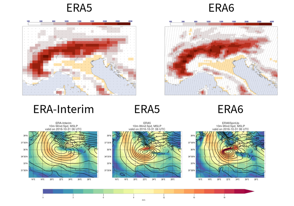Diferença de resolução espacial entre ERA5 (31 km) e ERA6 (14 km) no painel superior, e entre Era-Interim (80 km), ERA5 e ERA6, no painel inferior. Créditos: Adaptado de ECMWF.