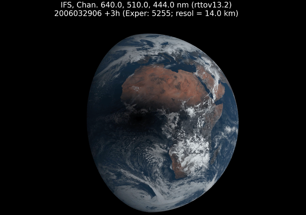 Simulação baseada no ERA6 mostrando eclipse de março de 2006. Créditos: Reprodução/ECMWF/Philippe Lopez.