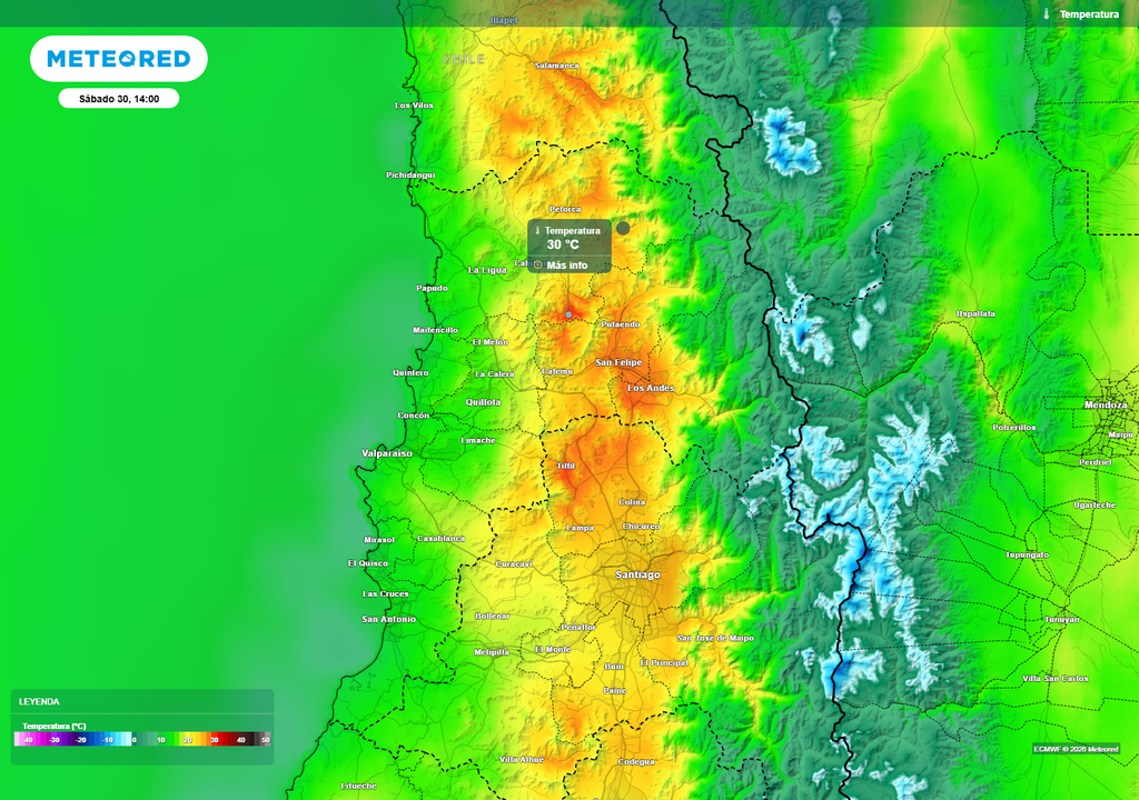 Temperaturas para la tarde del sábado 30 de mayo en la Región de Valparaíso, con valores cercanos a 30 °C en sectores interiores y ambiente más fresco hacia el litoral.