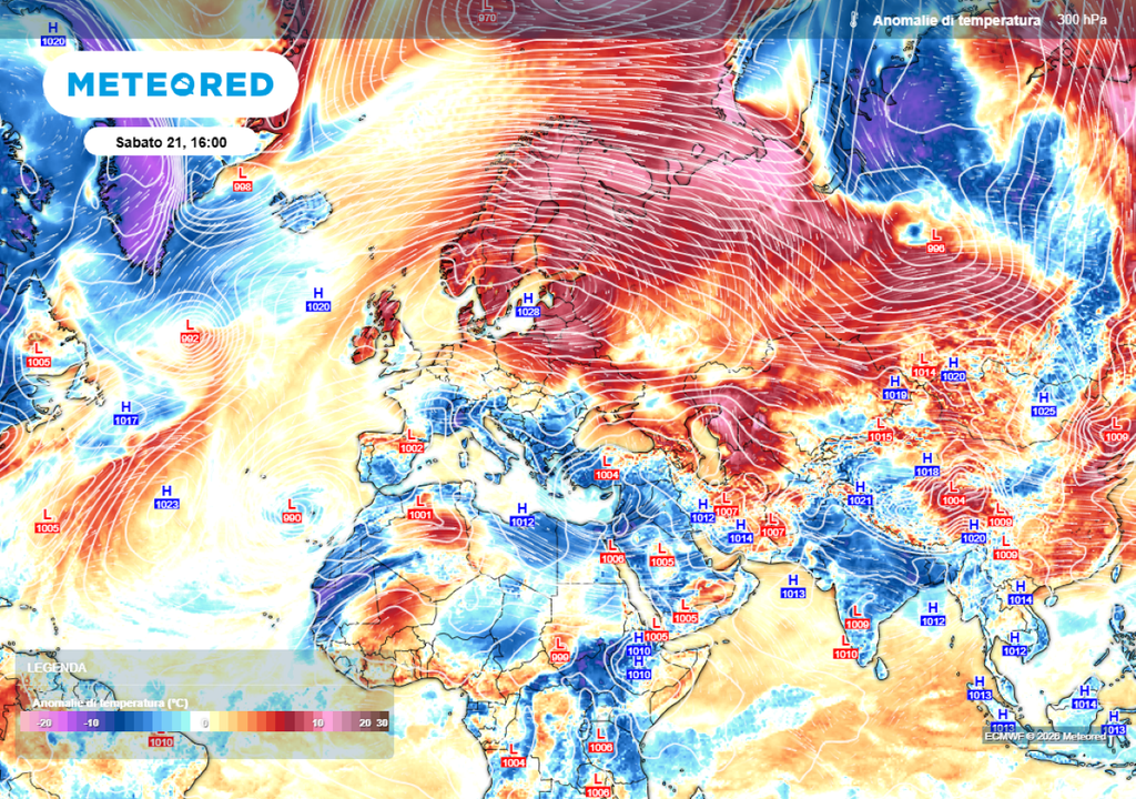 Anomalie temperature. Le conseguenze del blocco anticiclonico che si formerà sul Nord Europa, dove sono previste importanti anomalie termiche positive.