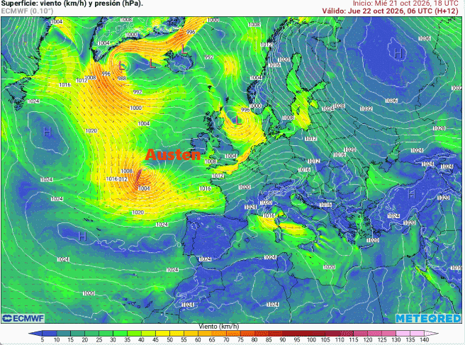 Viento a 10 m previstos para la zona con la borrasca Austen como protagonista, entre el 22-24 de octubre 2026. Tiempo.com