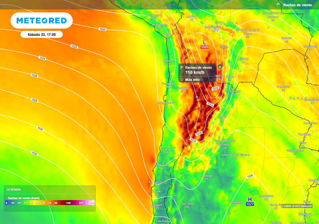Rachas de viento (km/h) para la tarde del sábado 23 de agosto 2025 en las regiones de Tarapacá, Antofagasta y Atacama.