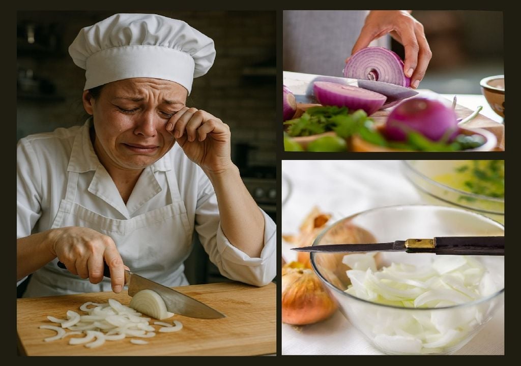 Cozinheira chora a cortar cebola e imagens de cebolas cortadas Cozinheira chora a cortar cebola e imagens de cebolas cortadas