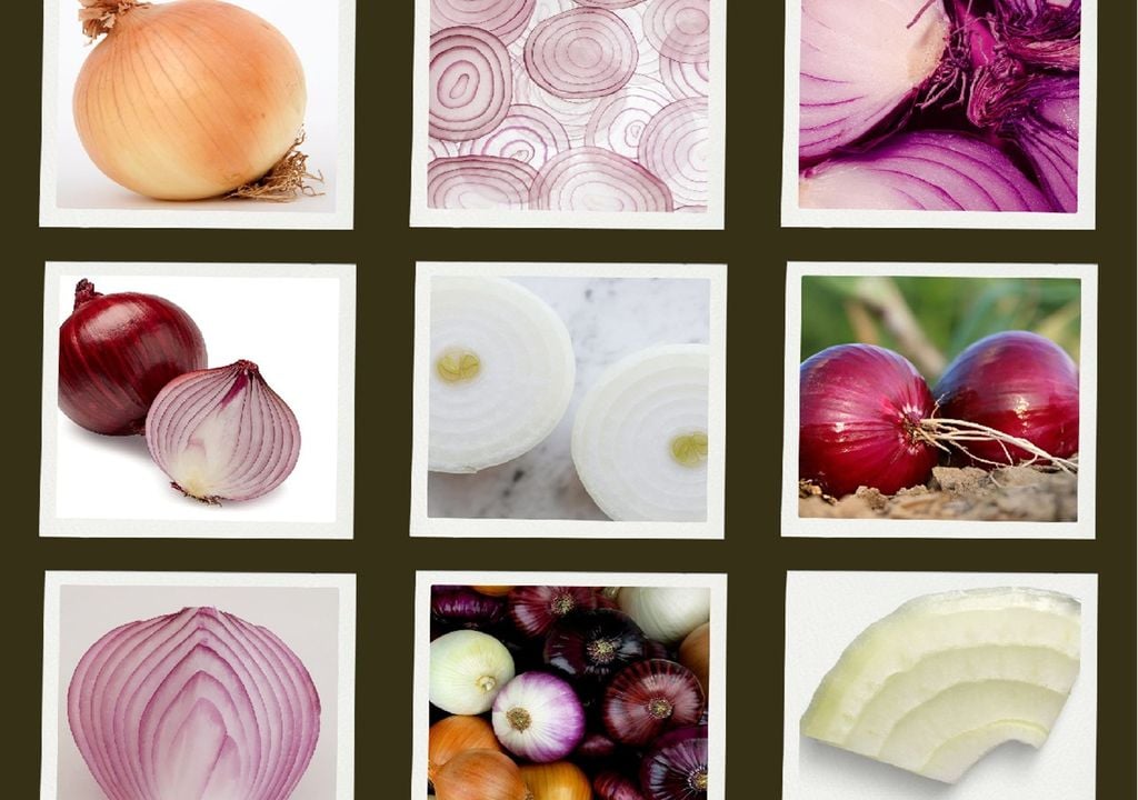Mosaico de imagens de cebolas inteiras e cortadas Mosaico de imagens de cebolas inteiras e cortadas