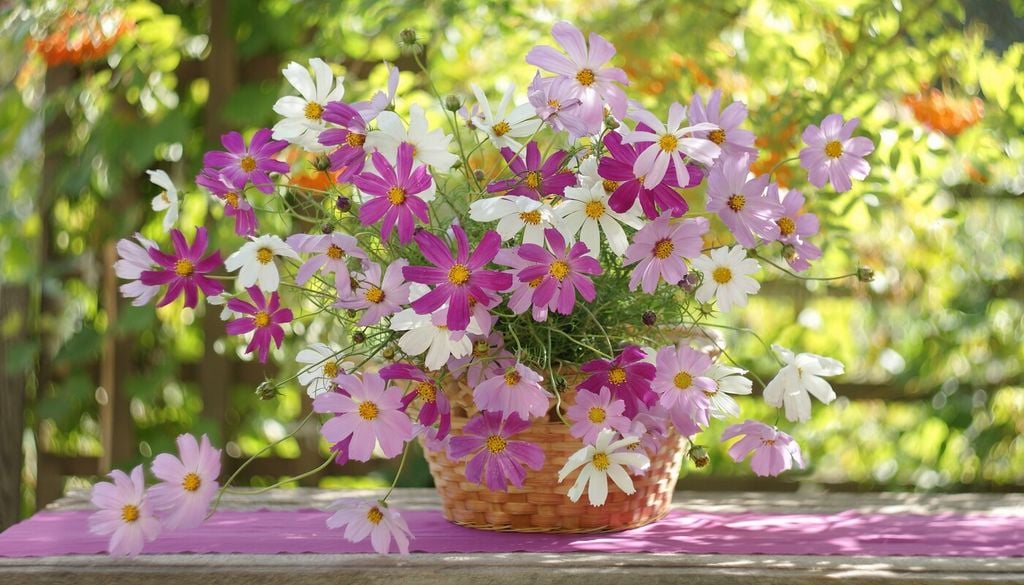 cosmos flores mesa Los tallos largos y las flores coloridas de los cosmos los convierten en una buena elección para preparar pequeños ramos y arreglos florales.
