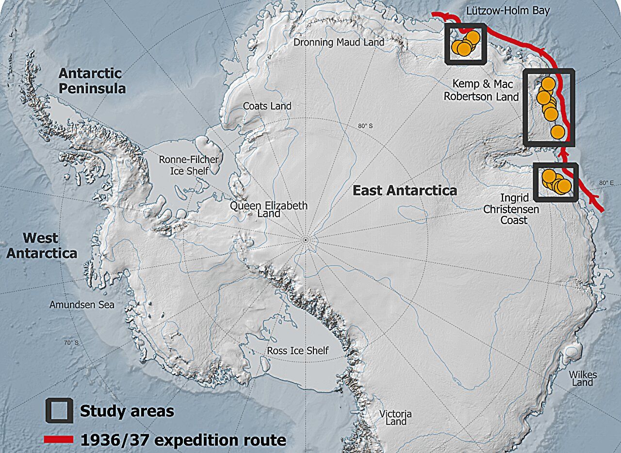 Mapa general de la zona analizada. Ver texto para detalles. Crédito: Mads Dømgaard