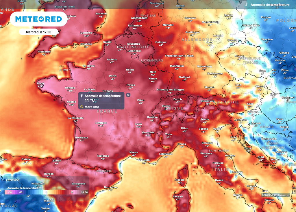 Anomalie de températures mercredi après-midi Dans certaines régions de l'Ouest, l'anomalie de températures par rapport aux moyennes de saison atteindra +10 à +12°C mercredi après-midi.