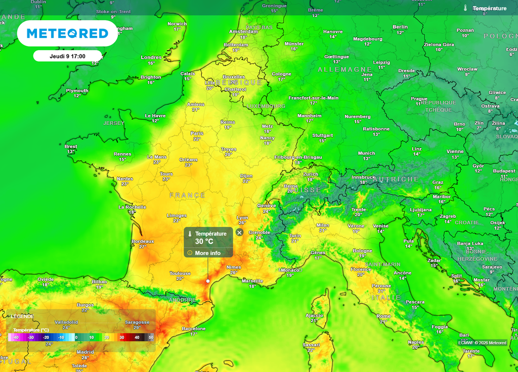 Températures jeudi après-midi Jeudi après-midi, la chaleur se décalera un peu plus vers le Sud-Est, avec des pointes à 30°C possibles du côté du Languedoc-Roussillon.