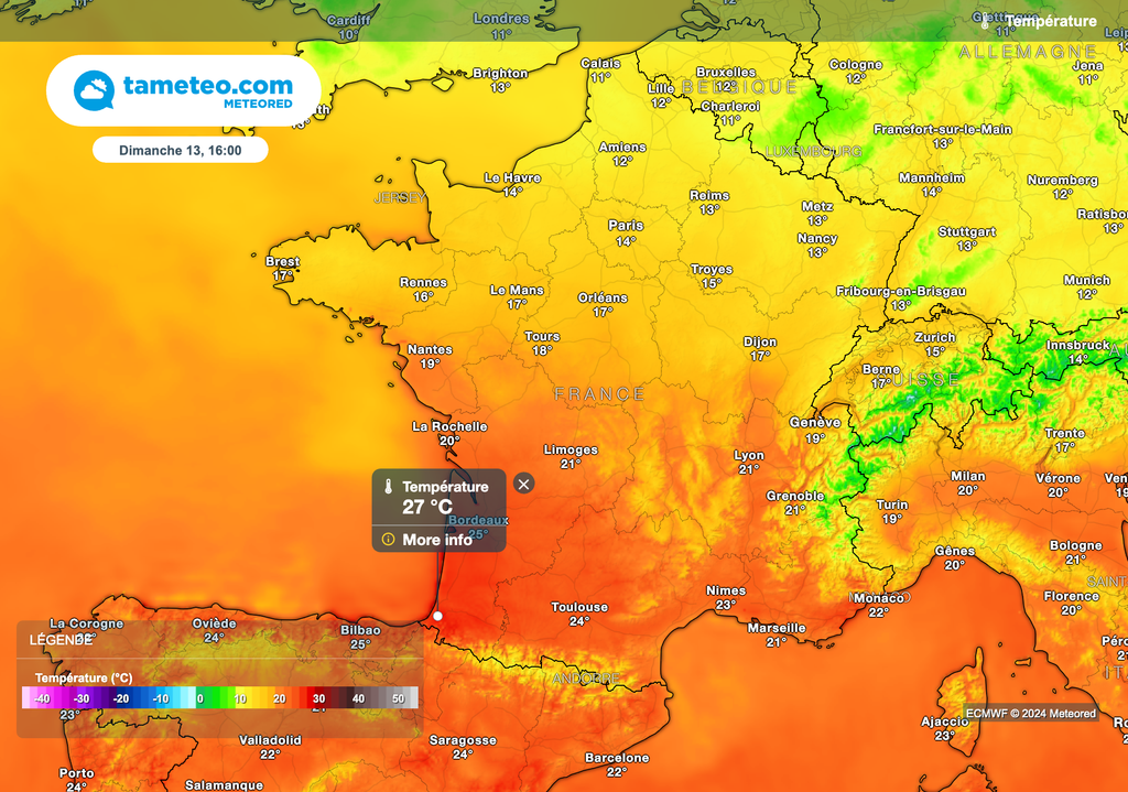 Températures prévues ce dimanche après-midi en France. Températures prévues ce dimanche après-midi en France.