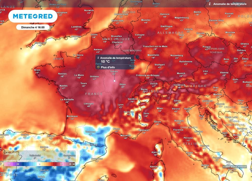 Anomalie de températures dimanche après-midi Ce dimanche après-midi, c'est vers les régions centrales et la Bourgogne que les températures seront les plus anormalement chaudes par rapport aux normales de saison (rouge vif sur la carte).