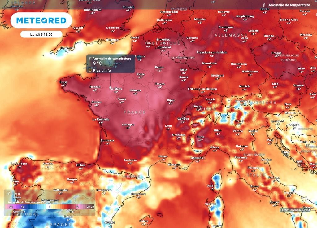 Anomalie de températures lundi après-midi La surchauffe du thermomètre s'annonce encore étonnante lundi après-midi, particulièrement sur la moitié Nord, avec des températures parfois 9°C au-dessus des normales de saison.