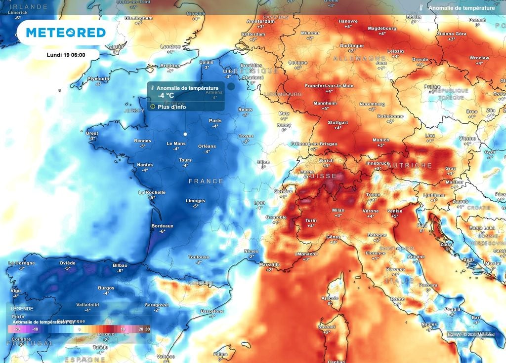 Anomalie de température lundi matin France Ce lundi matin, les températures seront souvent 2 à 4°C, voire 6°C en-dessous des normales de saison sur les régions de l'Ouest et du Centre de la France, survolées par la goutte froide.