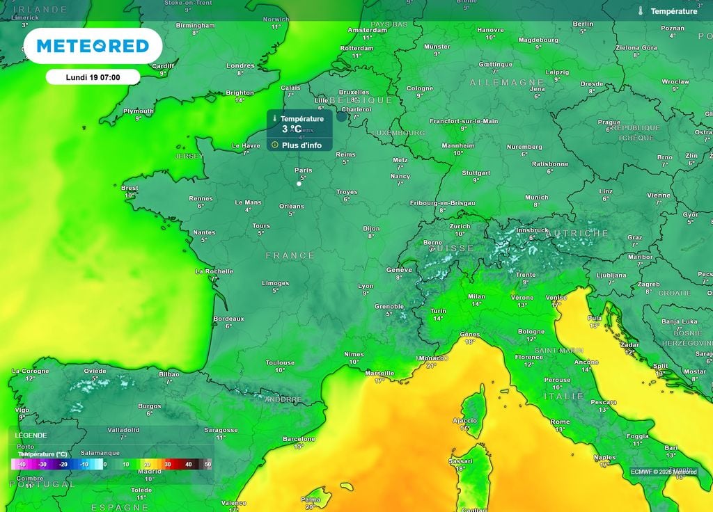 Températures lundi matin France Ce lundi matin, de nombreuses régions verront les températures s'abaisser autour des 3°C, permettant l'observation de gelées blanches au sol, notamment en campagne.