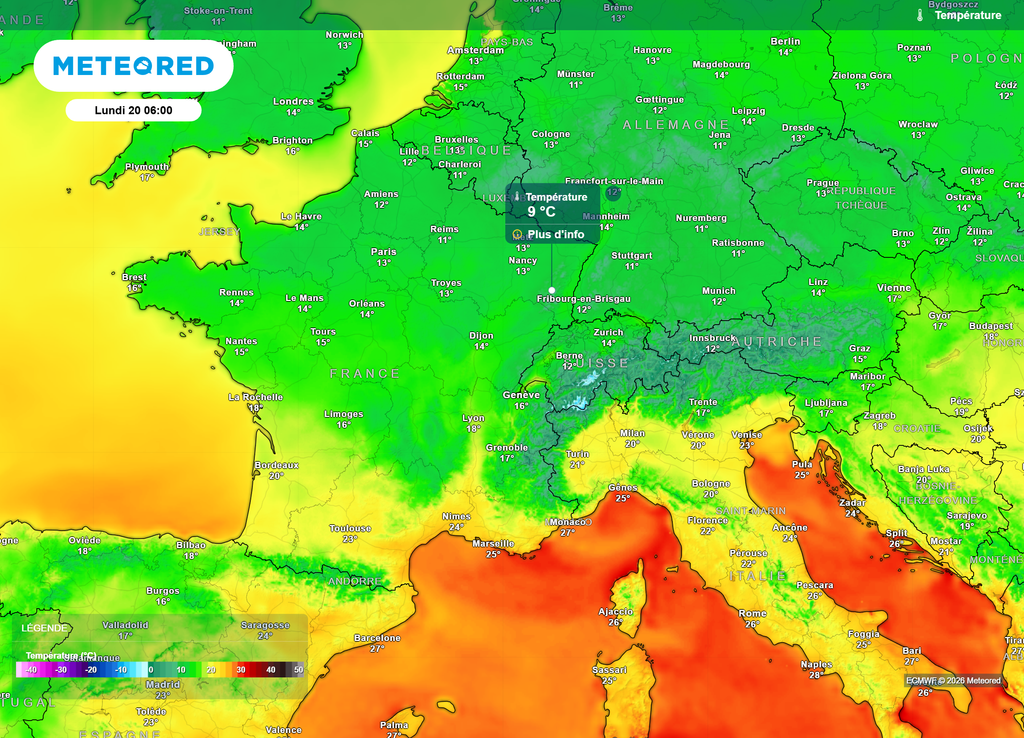 Températures lundi matin Coup de frais en vue ce lundi matin, avec des températures parfois inférieures à 10°C au Nord et au Nord-Est.