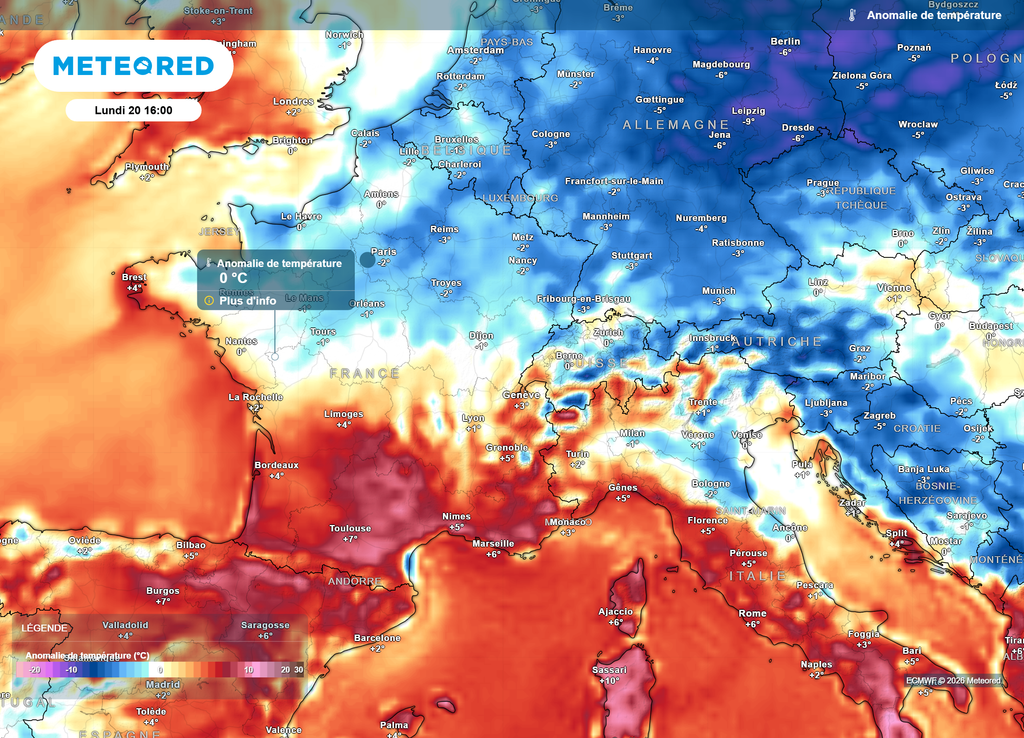 Anomalie de températures lundi après-midi Le contraste Nord-Sud sera saisissant ce lundi après-midi, avec des valeurs fraîches dans le Nord-Est, et presque caniculaires de l'Occitanie à la Provence.