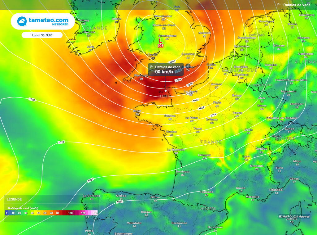 Elle passera plutôt en direction de l'Angleterre mais génèrera des vents plus forts en France. Elle passera plutôt en direction de l'Angleterre mais génèrera des vents plus forts en France.