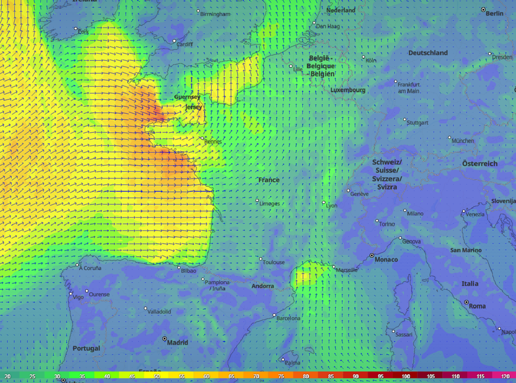 En fin de soirée de lundi, les vents pourront ponctuellement dépasser les 100 km/h, en particulier sur les côtes.
