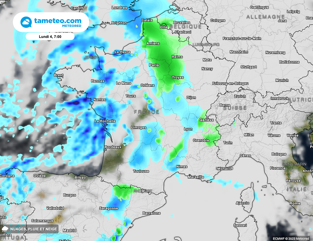 Quelques chutes de neige temporaires pourront s'observer tôt en matinée vers la région parisienne. Quelques chutes de neige temporaires pourront s'observer tôt en matinée vers la région parisienne.