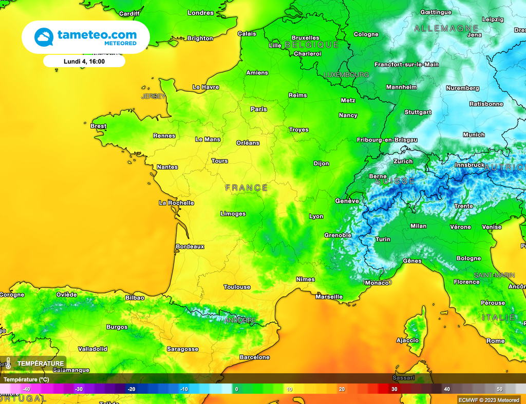 Nette hausse des températures avec un recul du froid vers l'Allemagne. Nette hausse des températures avec un recul du froid vers l'Allemagne.