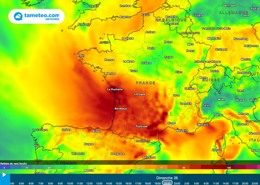 Carte des rafales de vent dimanche 20h Carte des rafales de vent dimanche 20h