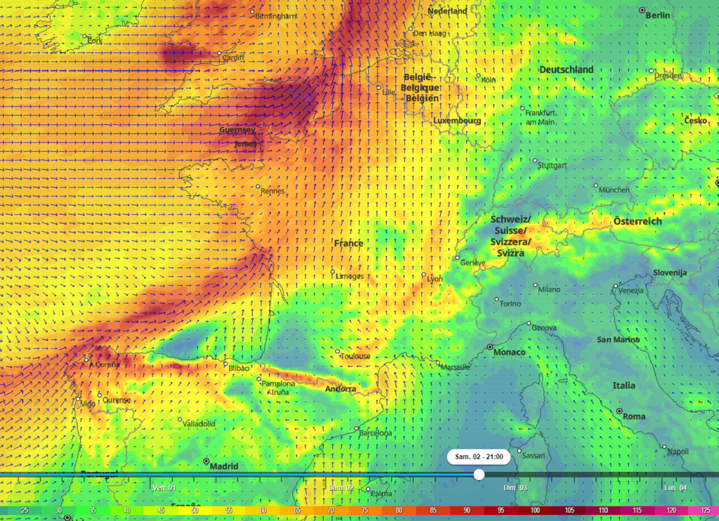 Rafales de vents maximales prévues samedi soir (carte tameteo) Rafales de vents maximales prévues samedi soir (carte tameteo)