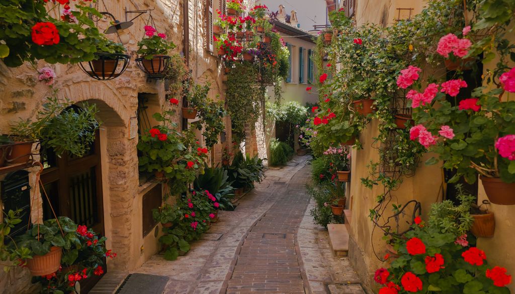 Fachadas decoradas con geranios, una de las flores mediterráneas por excelencia.