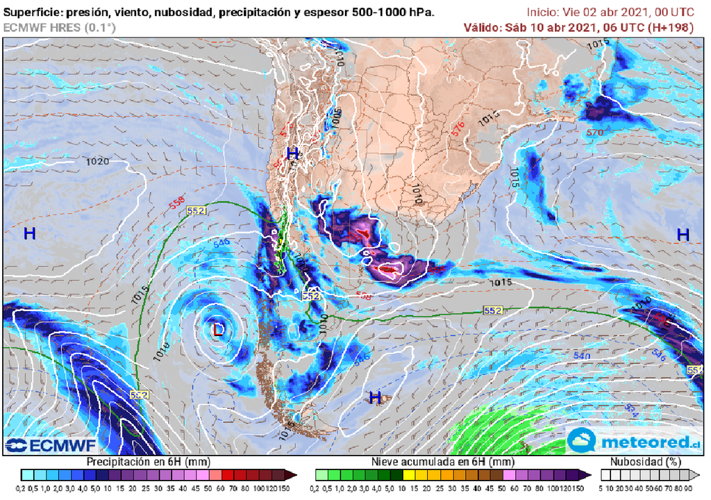Mapa de superficie y espesor ECMWF