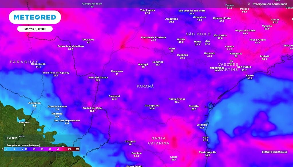 Entidad Binacional Yacyretá Río Paraná El Niño lluvias Precipitaciones estimadas en los próximos 7 días.