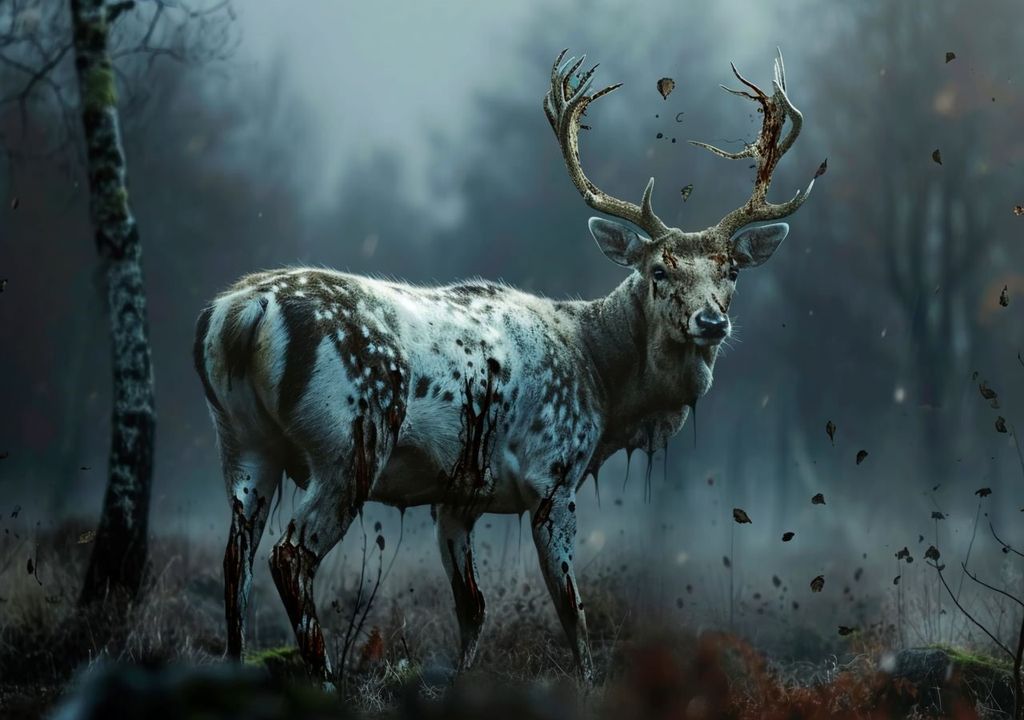 imagen ficticia de ciervo zombie en un bosque tenebroso