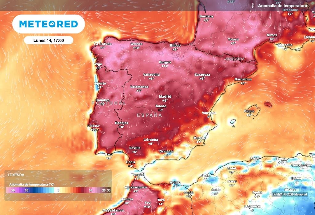 Este lunes las anomalías cálidas más importantes se concentrarán en el interior y norte peninsular.