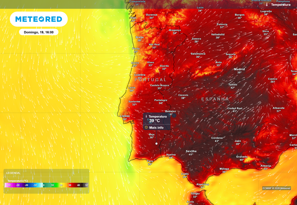 Segundo o modelo Europeu, o Baixo Alentejo, de onde se destacará o vale do Guadiana, será um dos focos de maior calor em Portugal continental no próximo domingo, 19 de julho, com temperaturas máximas a rondar os 39 ºC.
