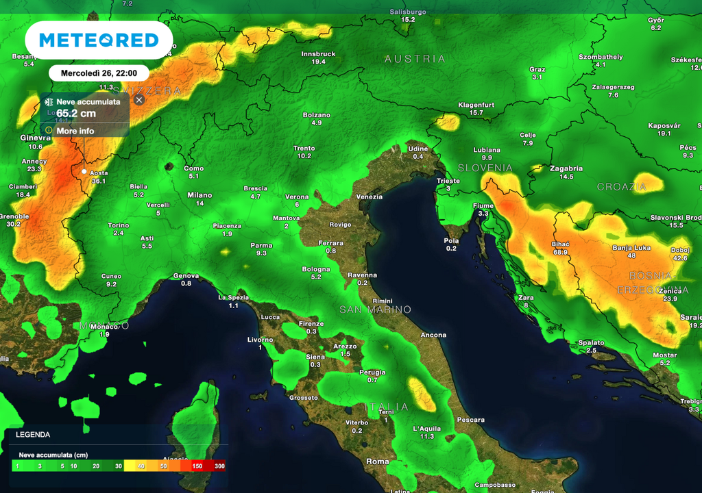 Neve abbondante sulle Alpi: localmente oltre 60 cm. Fiocchi anche a bassa quota in Piemonte. Neve abbondante sulle Alpi: localmente oltre 60 cm. Fiocchi anche a bassa quota in Piemonte.