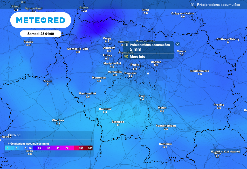 Cumuls de pluie prévus au-dessus de l'Île-de-France d'ici samedi selon le modèle européen.