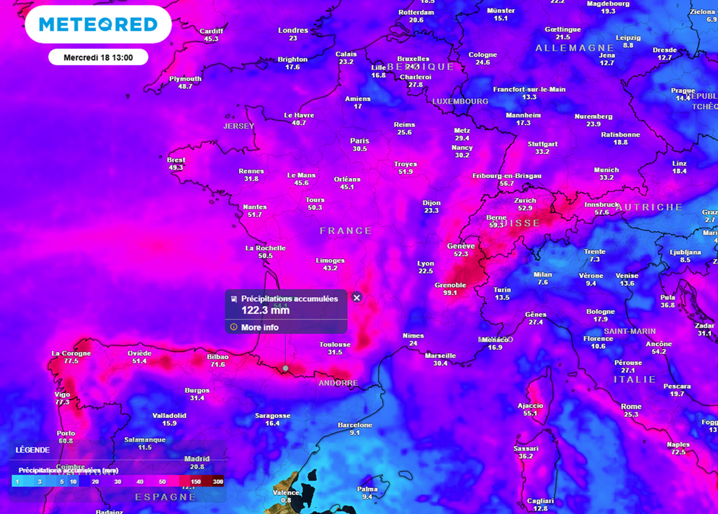 D'ici le milieu de semaine prochaine, les cumuls de pluies s'annoncent de nouveau très conséquents.
