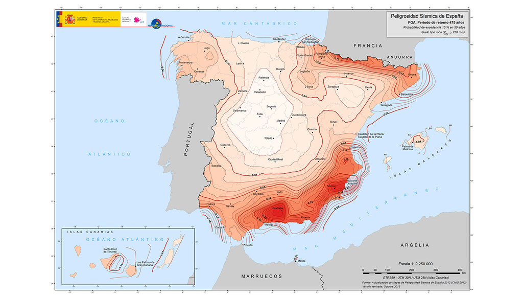 Mapa de peligrosidad sísmica de España 2015 (en valores de aceleración). Fuente: IGN.