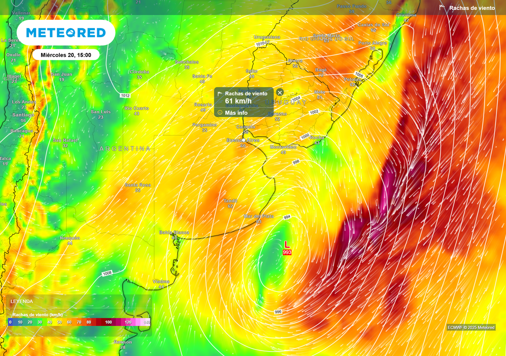 Ráfagas de viento para el miércoles 20 de agosto a las 15 h, según el modelo ECMWF