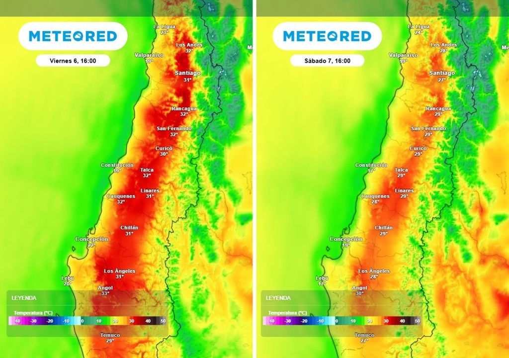 Comparación de las temperaturas máximas entre el viernes y el sábado muestra el inicio del descenso térmico en la zona central.