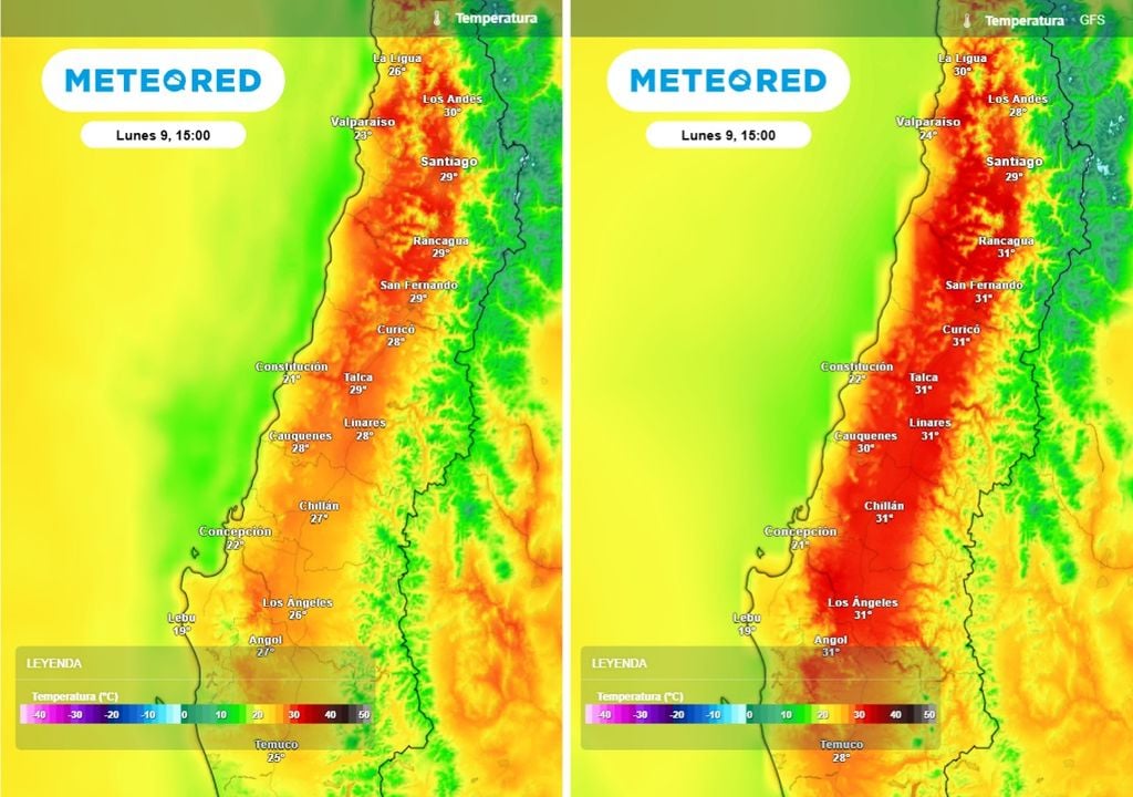 Para el lunes se espera un rápido aumento de las temperaturas en la zona central. Mientras el modelo ECMWF proyecta máximas cercanas a 30°C, el modelo GFS incluso sugiere valores más elevados en sectores del interior.