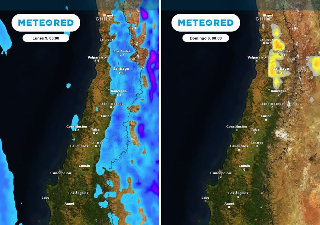 Precipitaciones débiles podrían registrarse durante el domingo en Los Andes y Santiago. El modelo también sugiere una baja probabilidad de tormentas eléctricas en la mañana.