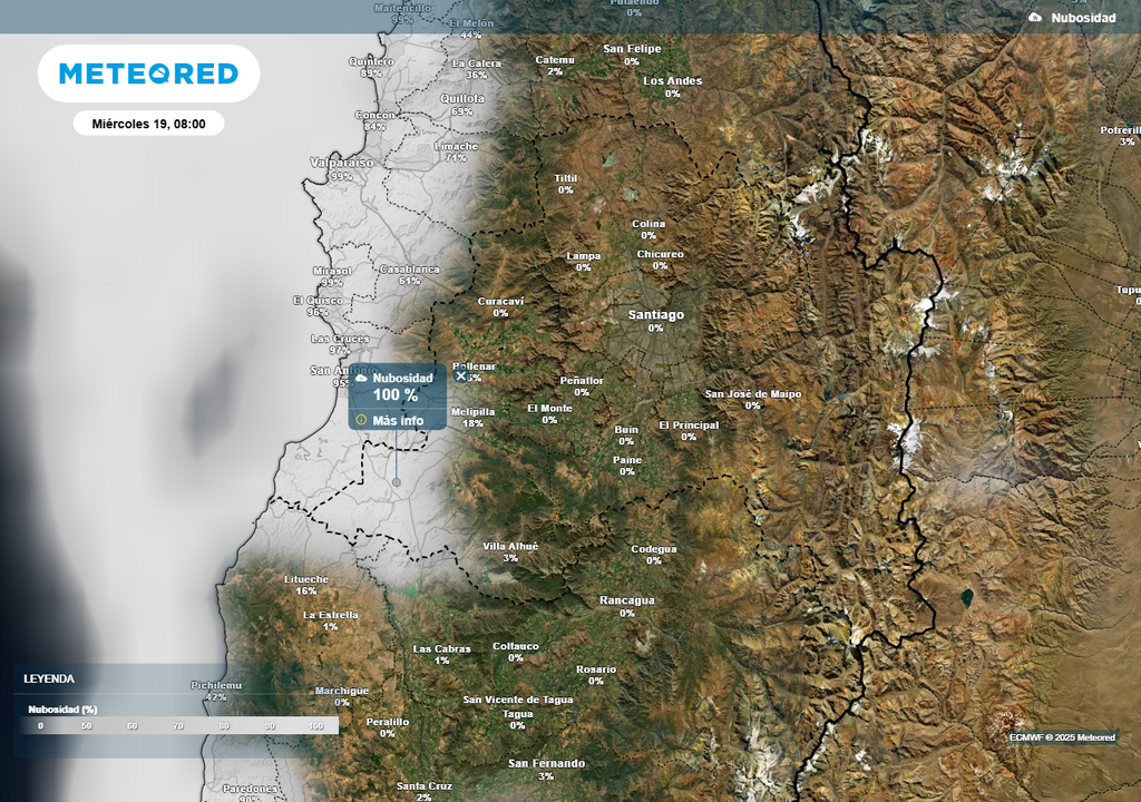 Nubosidad para el miércoles 19 de marzo en Santiago, Meteored Chile