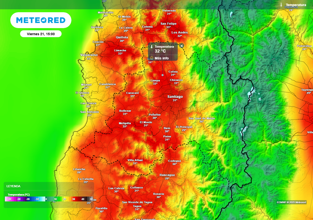 Temperatura máxima para el viernes 21 de marzo en Santiago, Meteored Chile