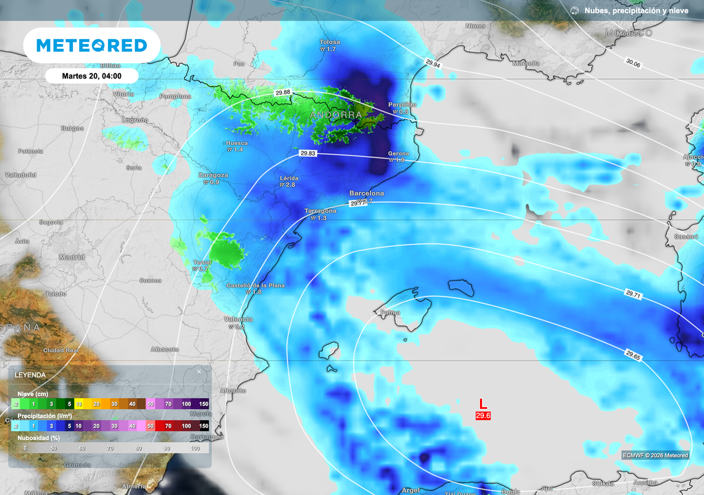 La formación de una borrasca mediterránea podría dar lugar a un temporal de lluvias de levante en el litoral central catalán.