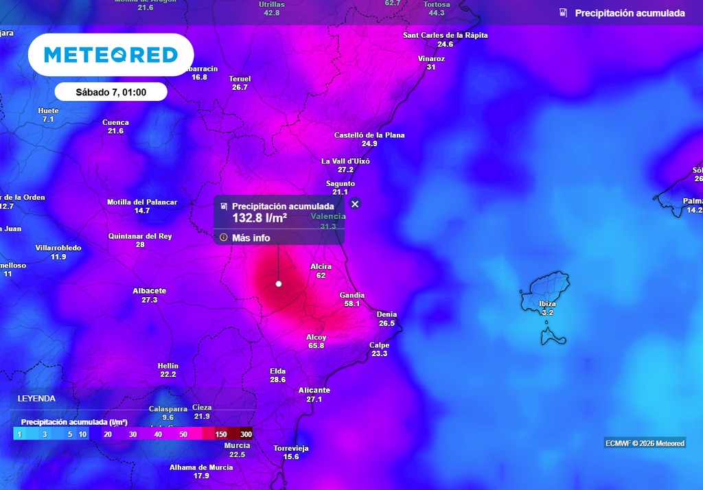 El modelo europeo prevé acumulados de más de 100 l/m2 en puntos del interior sur de Valencia y norte de Alicante.