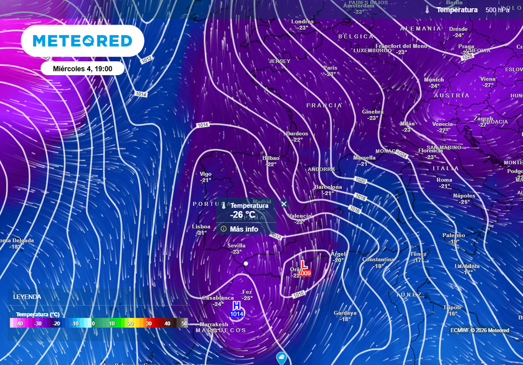 El centro de la depresión en altura se ubicará en el entorno del Estrecho el miércoles, coincidiendo con un flujo de levante pronunciado.