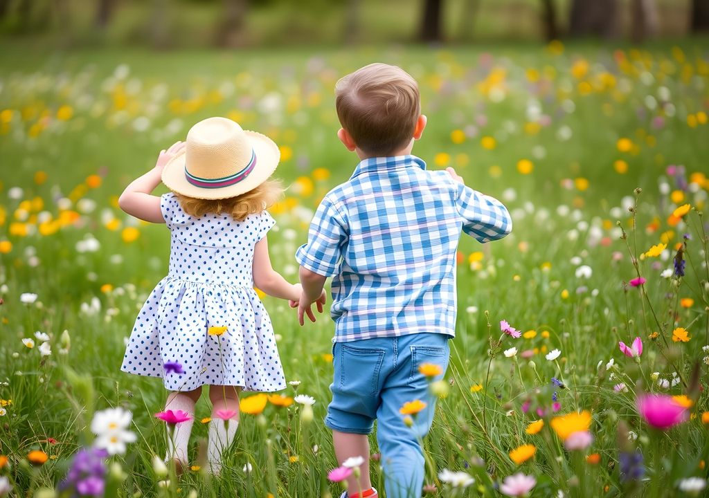 niños caminando en medio de un campo con flores niños caminando en medio de un campo con flores