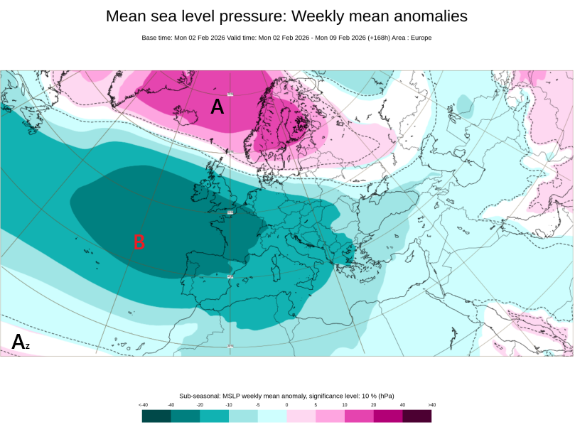 Anomalías de presión para la semana del 2 al 8 de febrero de 2026. Ver texto para detalles ECMWF