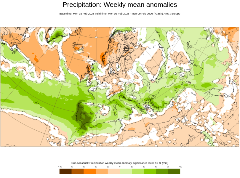 Anomalías de precipitación para el 2.8 de febrero de 2026: zonas en verde con anomalías positivas de precipitación y en naranja, con anomalías negativas. ECMWF